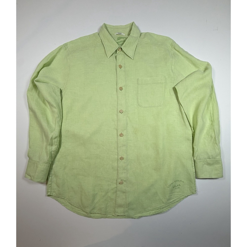 Tommy Bahama Shirt Mens L Green 100% Linen Long Sleeve Button Down Casual Relax